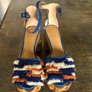 Cream/ Navy/ Orange never worn Tory Burch wooden platform sandals.
